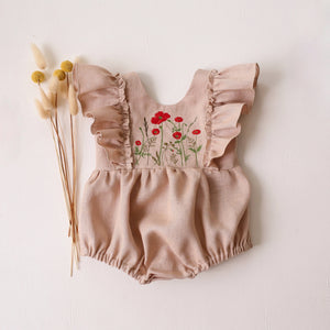 Beige Linen Ruffled Front Bubble Playsuit with “Poppy Meadow” Embroidery