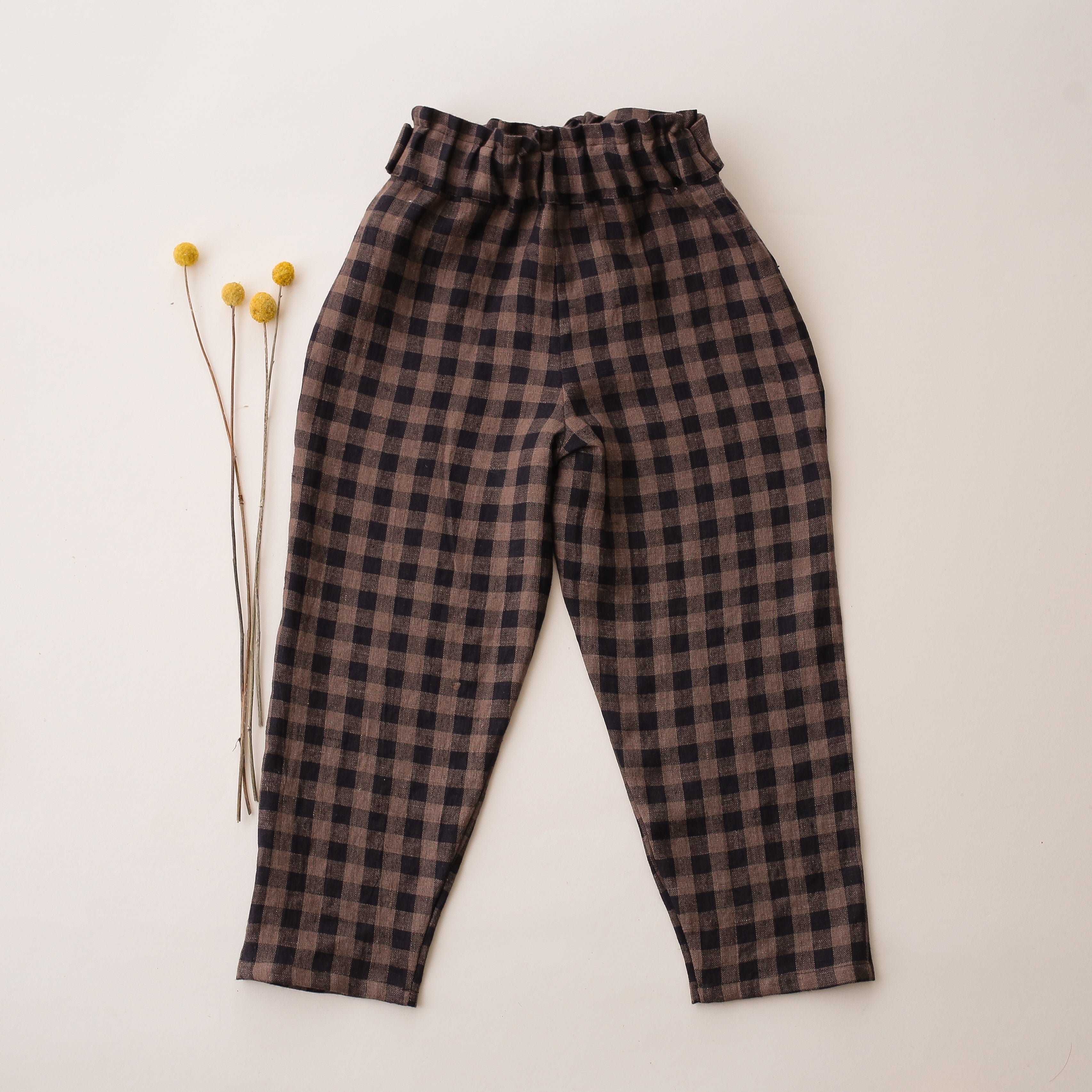 Taupe & Black Check Linen Belted Pants