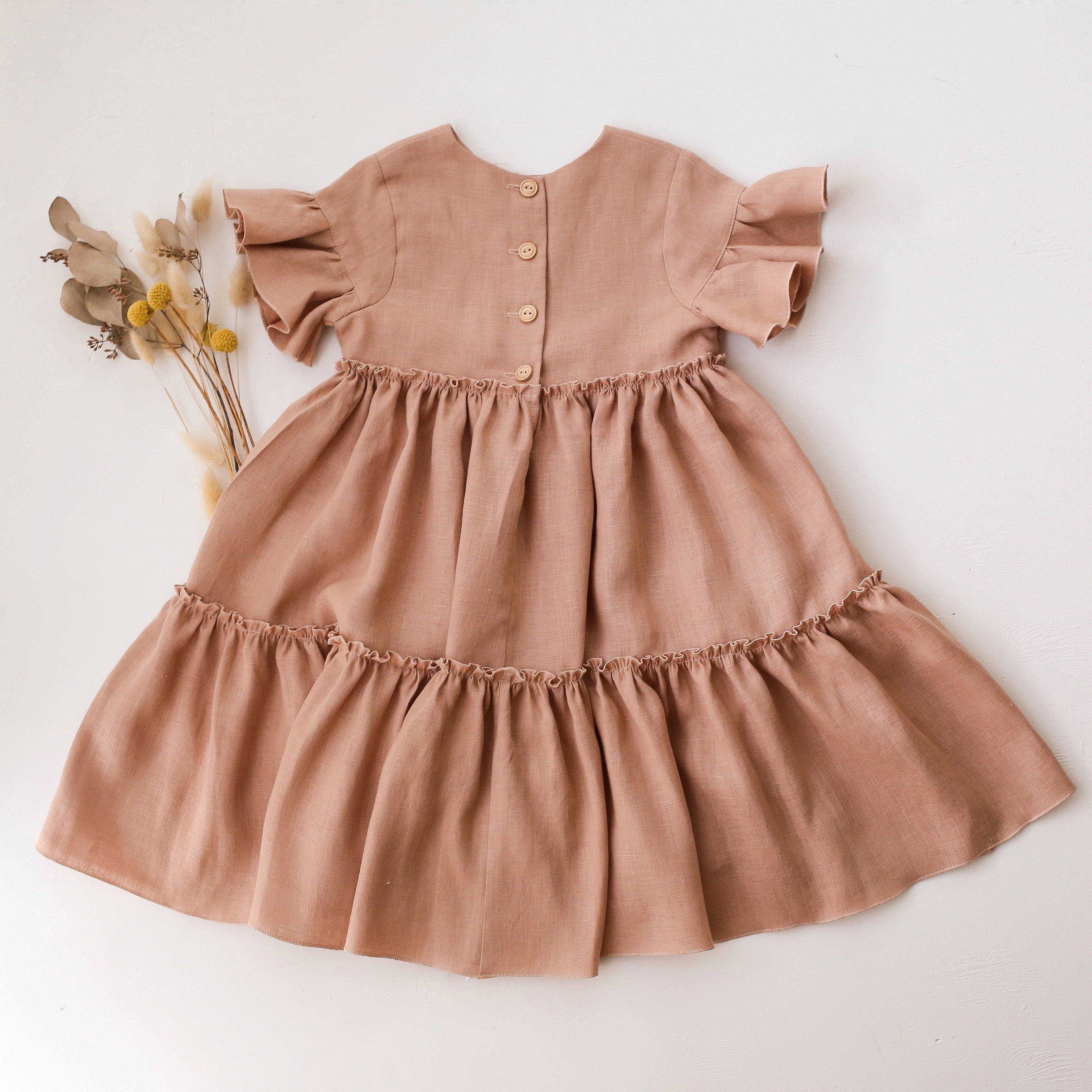 Clay Linen Flounce Sleeve Tiered Dress with "Wheat Flower Field" Embroidery