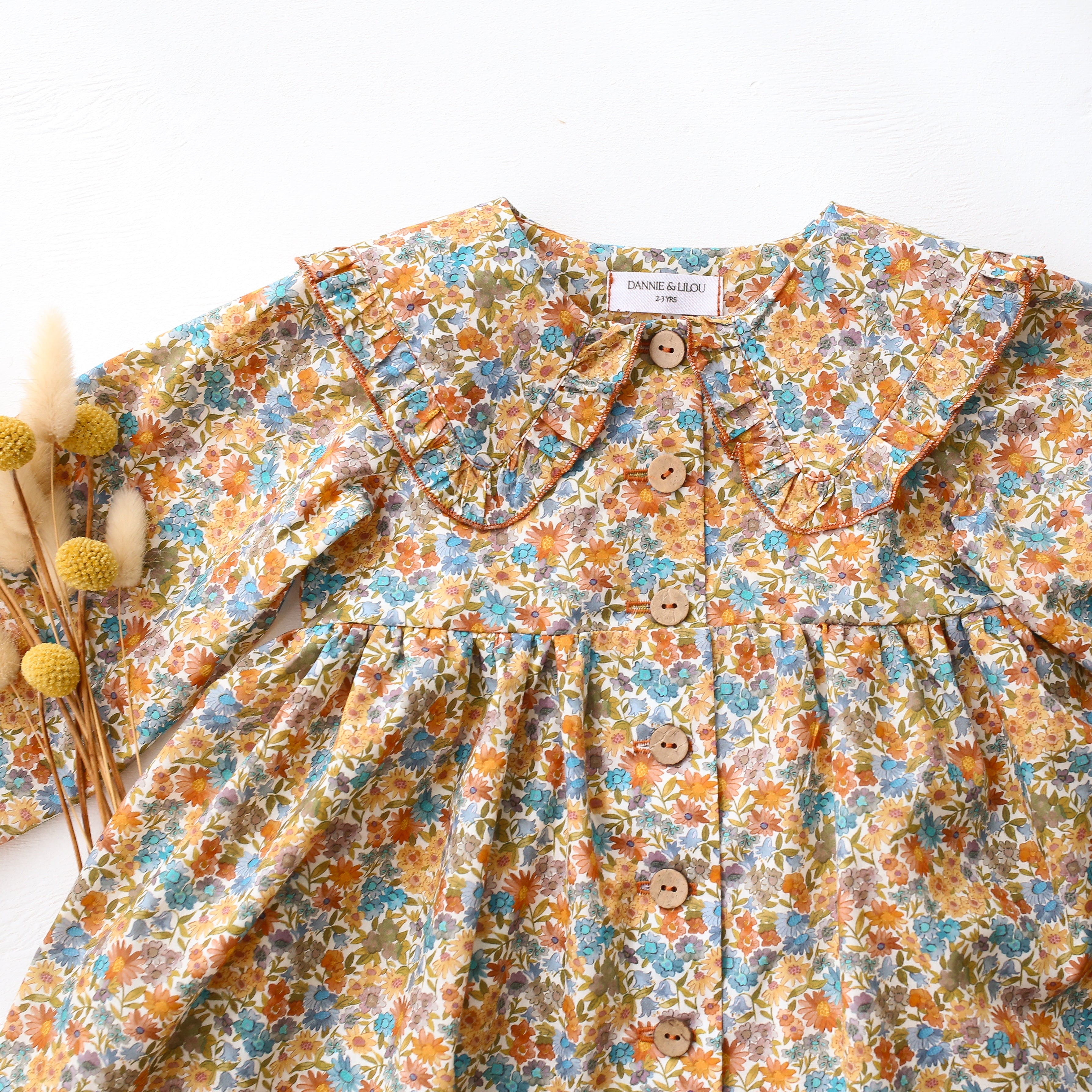 Long Sleeve Frilled Collar Button Front Dress in Sandra Liberty Print
