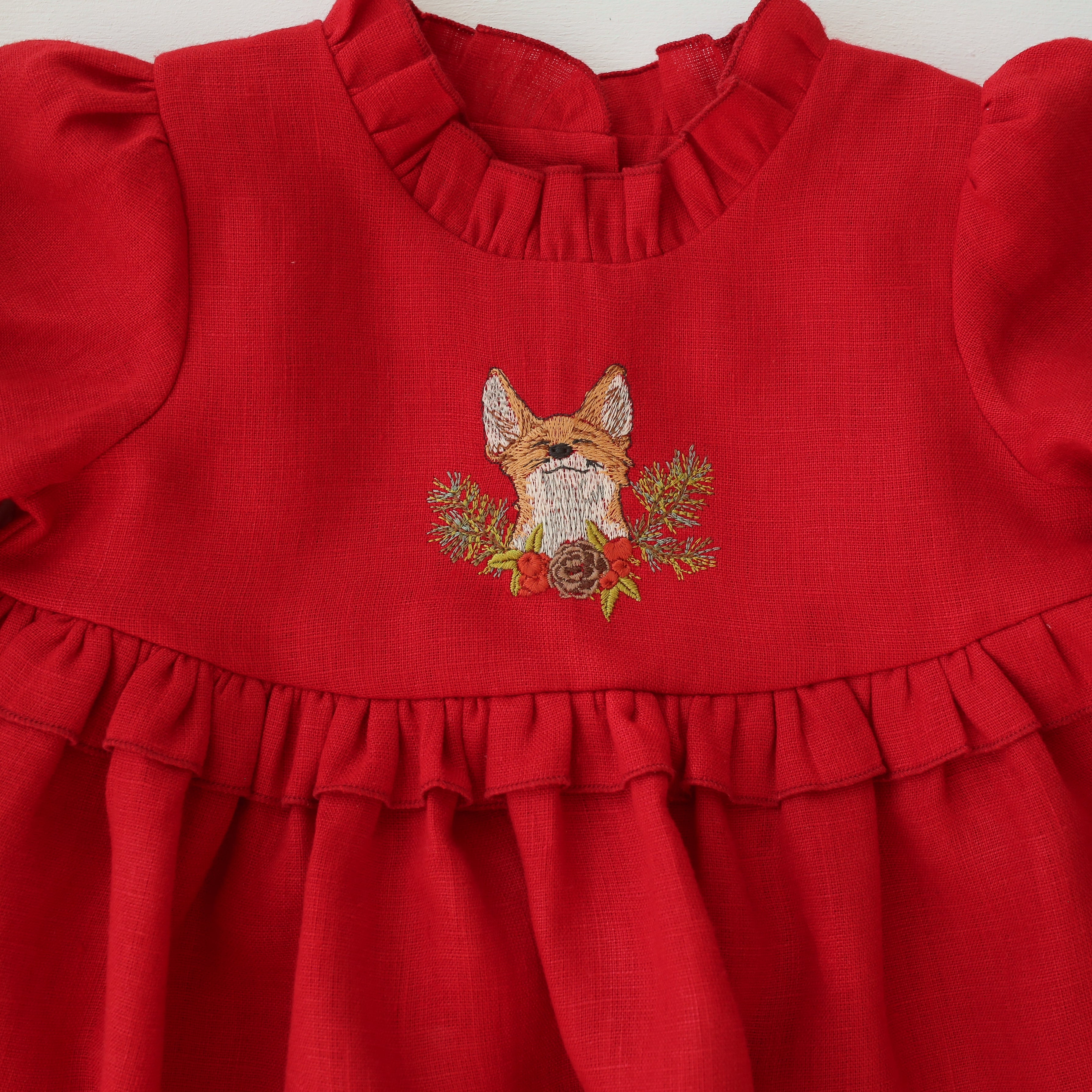 Scarlet Red Linen Long Sleeve Circle Skirt Frills Dress with "Christmas Fox" Embroidery