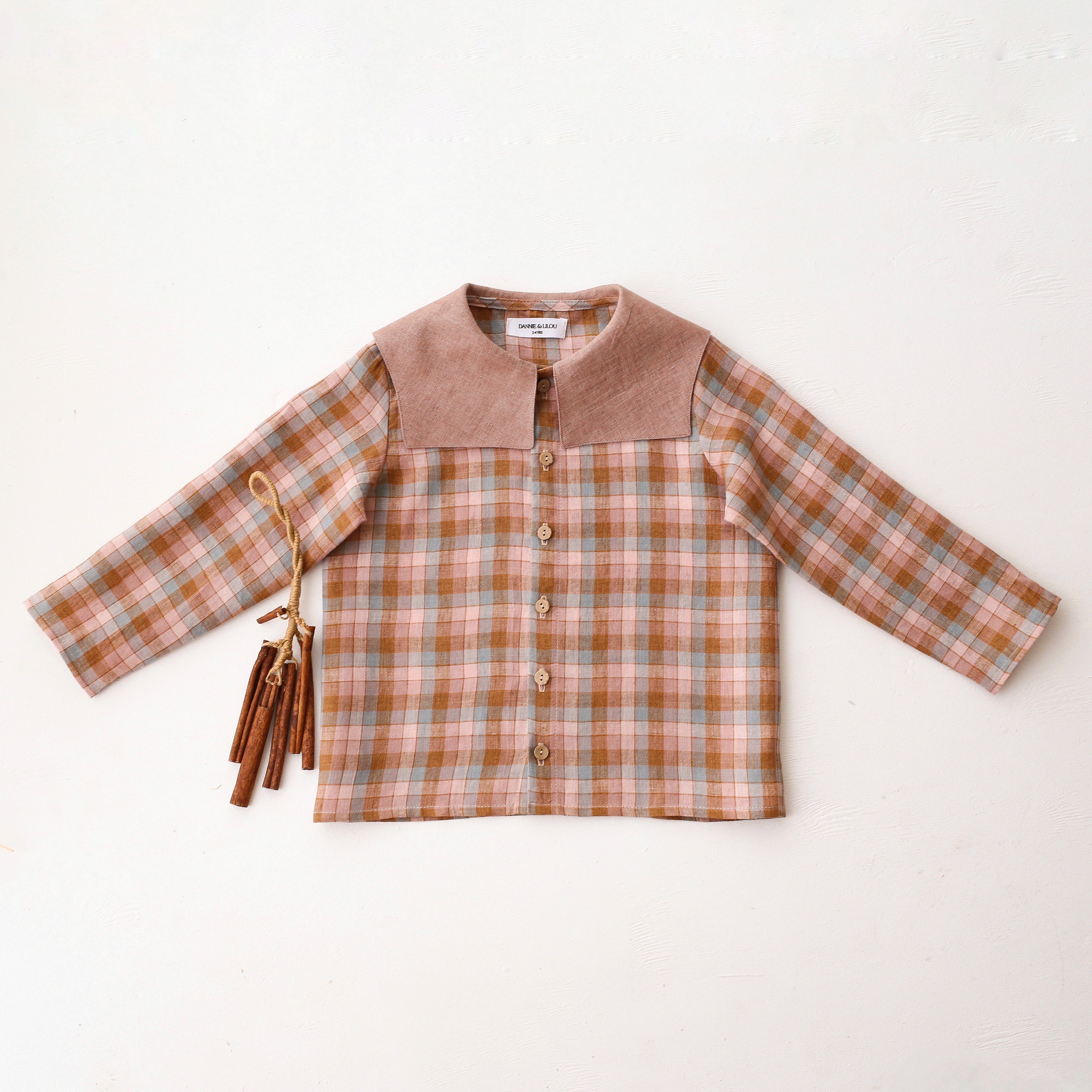 Hazel Rose Check Linen Long Sleeve Button Front Top with Square Collar in Rose Smoke Linen
