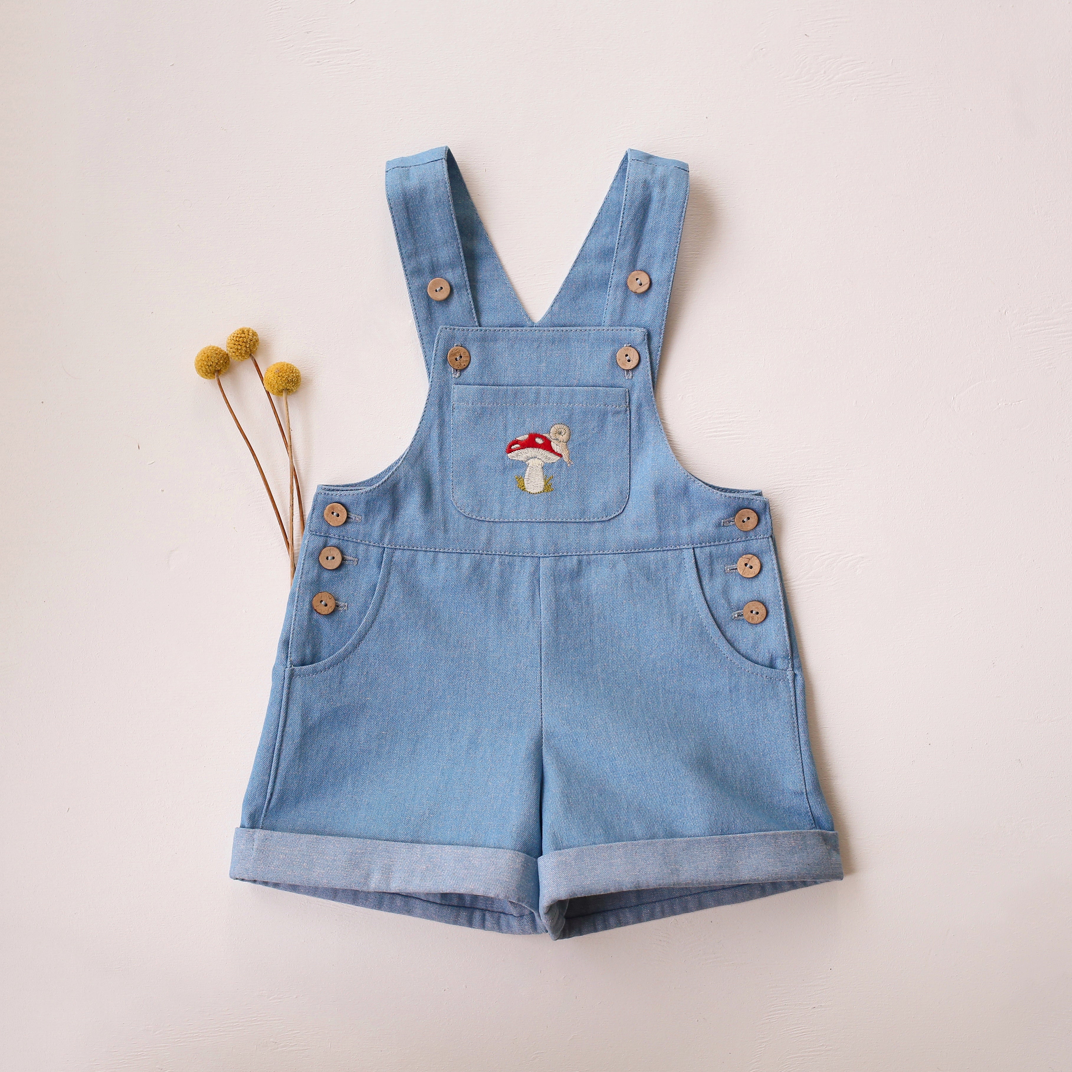 Light Denim Button Cuffed Overalls with "Toadstool with Snail" Embroidery