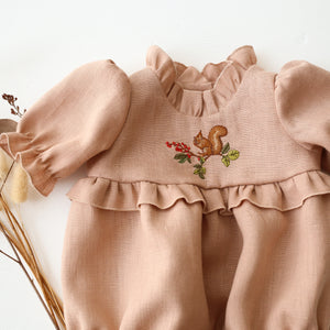 Clay Linen Short Sleeve Frills Bubble Playsuit with "Squirrel on Berry Branch" Embroidery