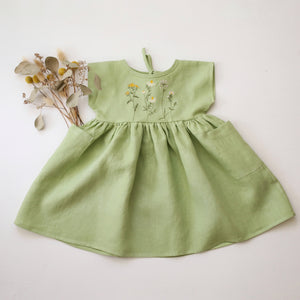 Spring Green Linen Dolman Style Dress with “Chamomile Flowers” Embroidery