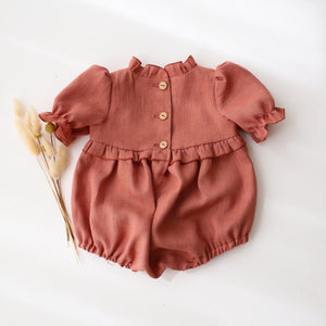 Rose Bouquet Linen Short Sleeve Frills Bubble Playsuit with "Squirrel with Snowdrop" Embroidery