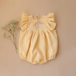 Vanilla Linen Flutter Sleeve Tie Back Bubble Playsuit with "Bunny in Daisy Wreath" Embroidery