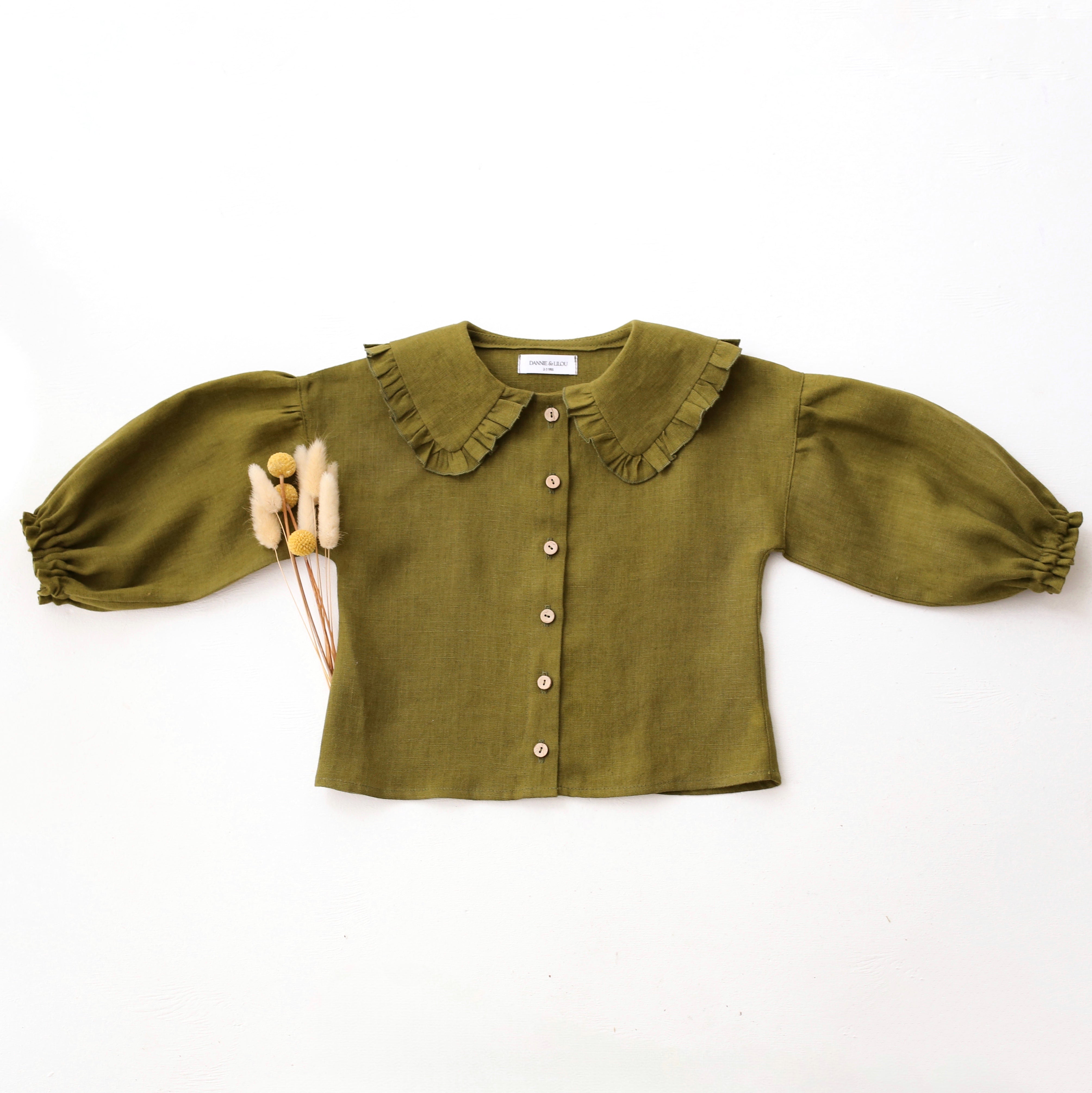 Pine Linen Frilled Collar Bubble Sleeve Blouse