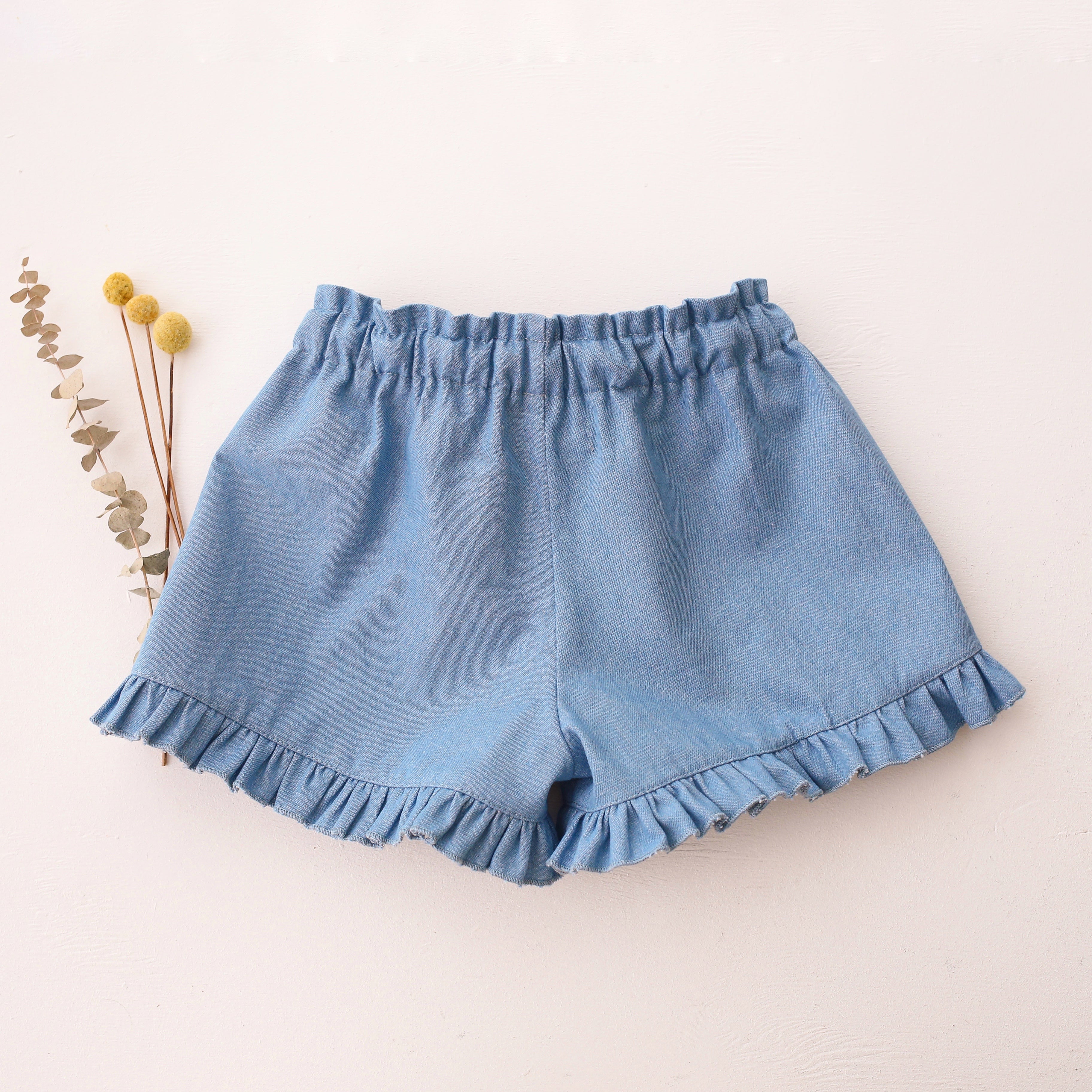 Light Denim Ruffle Shorts