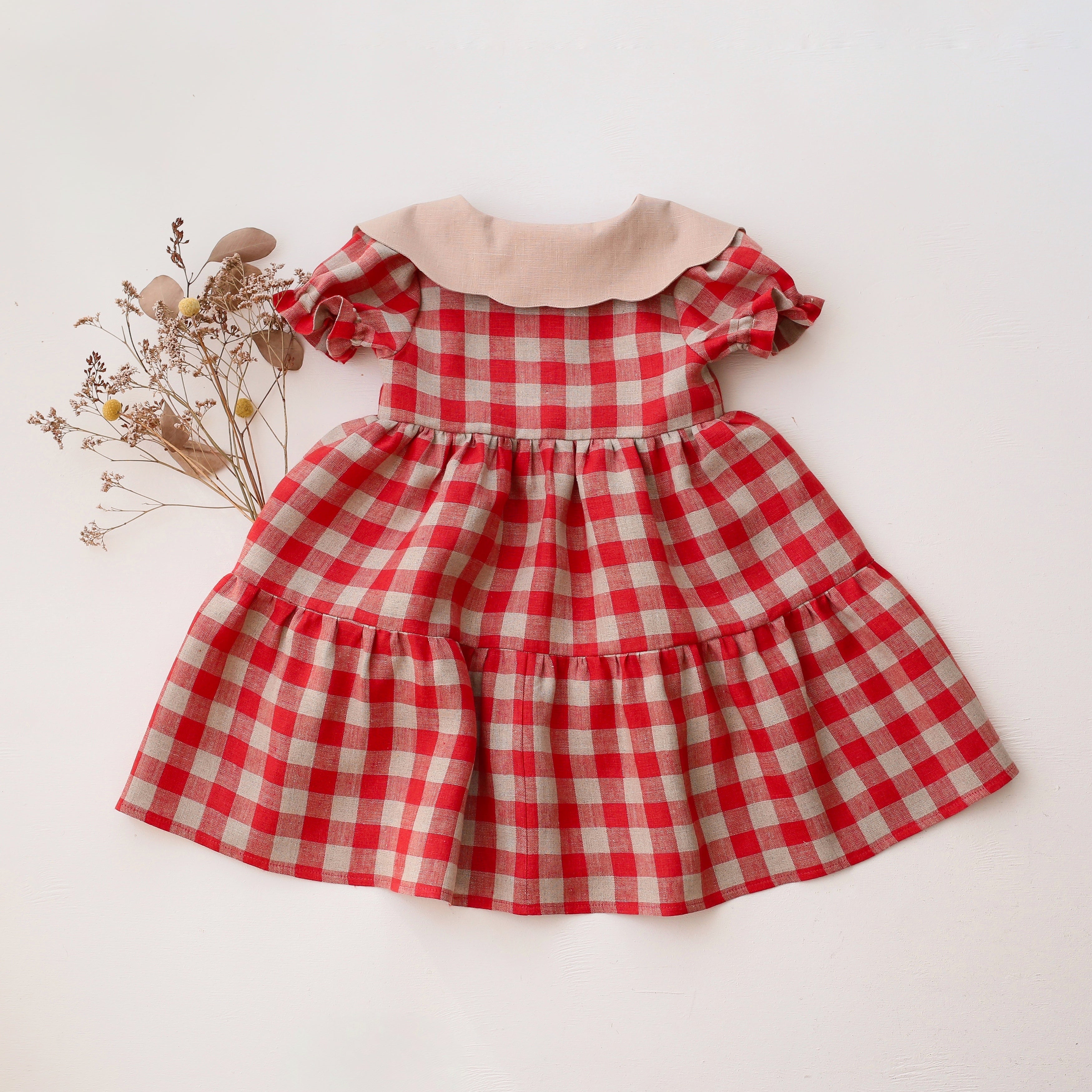 Cherry Check Linen Short Sleeve Tiered Dress with Scalloped Collar in Dannie and Lilou Cherry Check Linen Short Sleeve Tiered Dress with Scalloped Collar in Dannie and Lilou