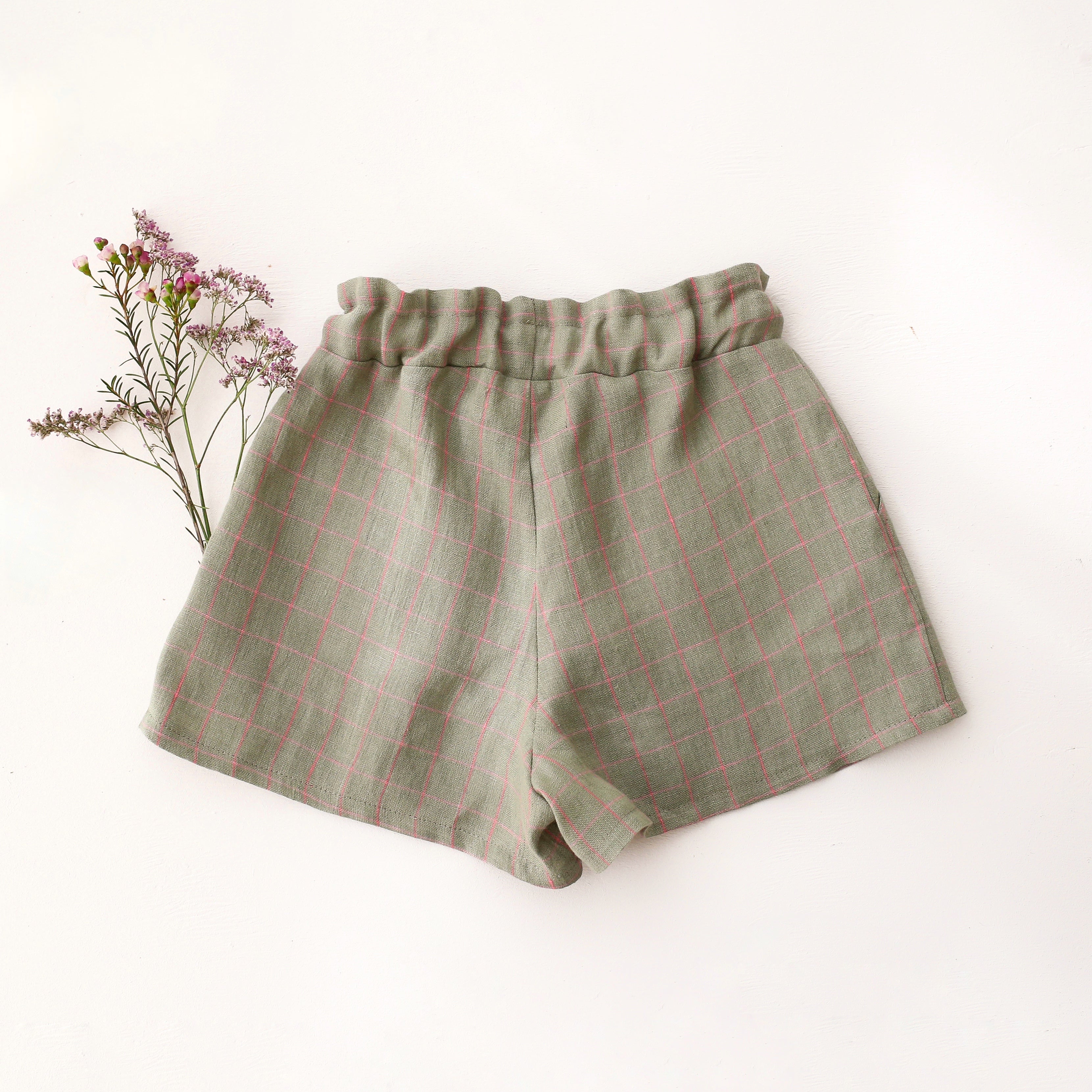 Mint & Pink Check Paperbag Waist Shorts with "Rose & Butterfly" Embroidery