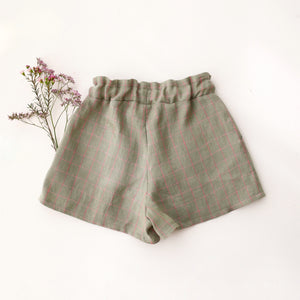 Mint & Pink Check Paperbag Waist Shorts with "Rose & Butterfly" Embroidery