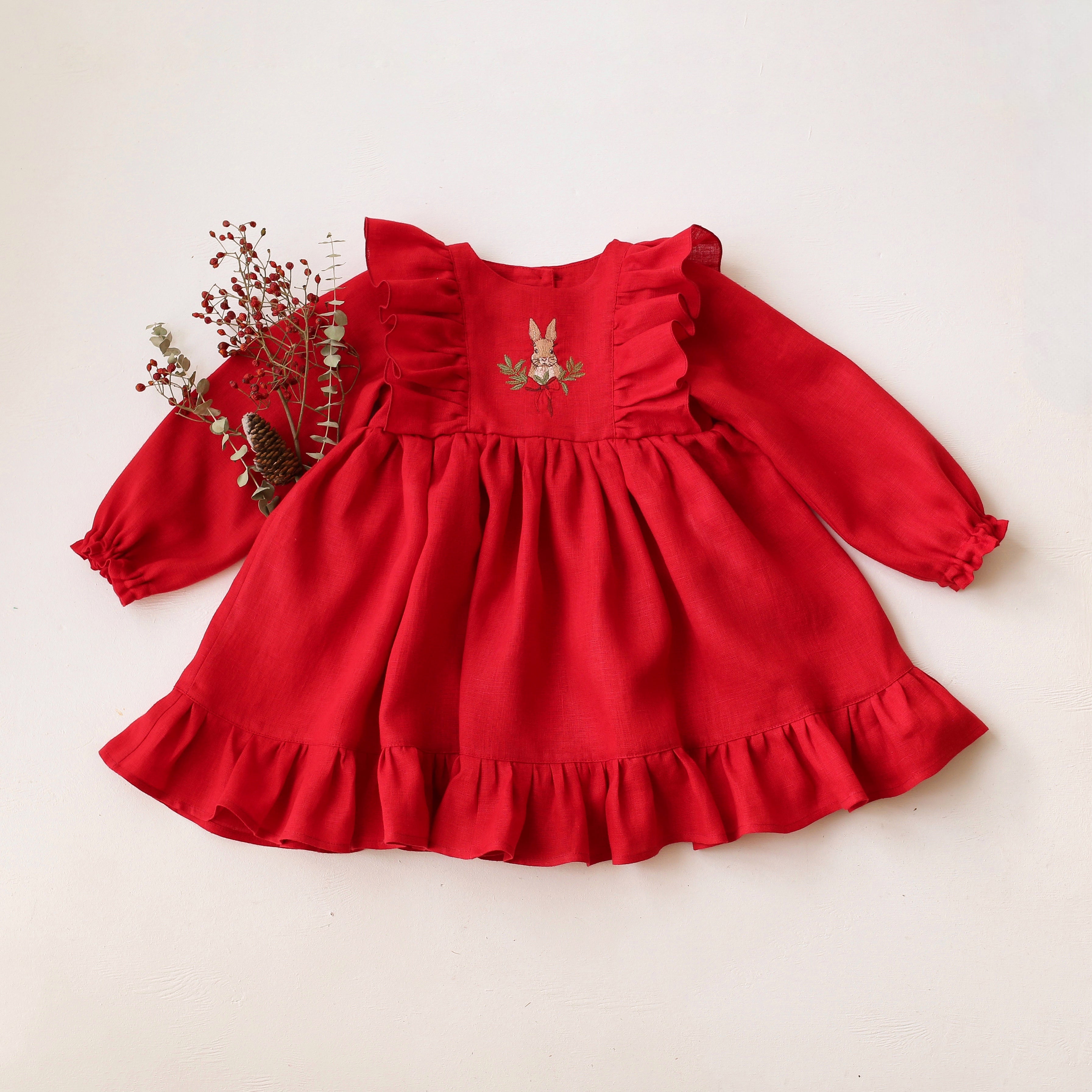 Scarlet Red Linen Long Sleeve Ruffle Dress with "Christmas Bunny" Embroidery