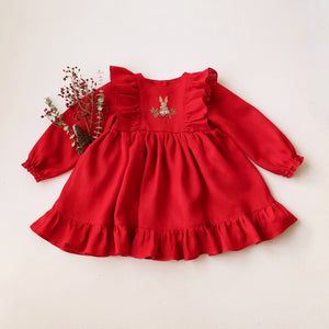 Scarlet Red Linen Long Sleeve Ruffle Dress with "Christmas Bunny" Embroidery