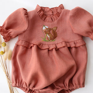 Rose Bouquet Linen Short Sleeve Frills Bubble Playsuit with "Squirrel with Snowdrop" Embroidery