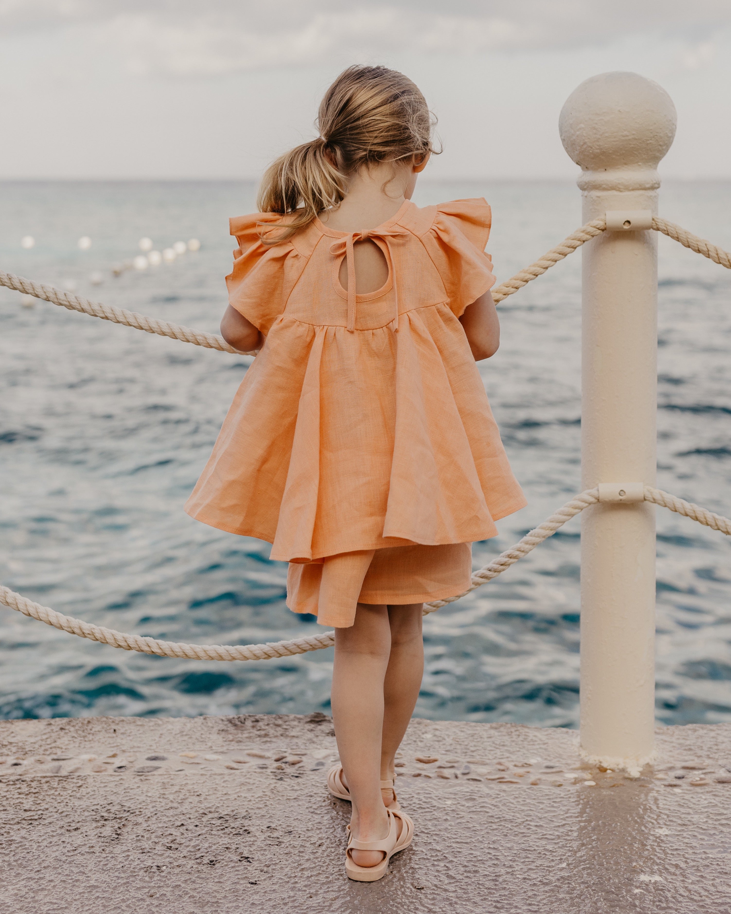 Peach Linen Flutter Sleeve Tie Back Blouse with "Bouquet 2" Embroidery