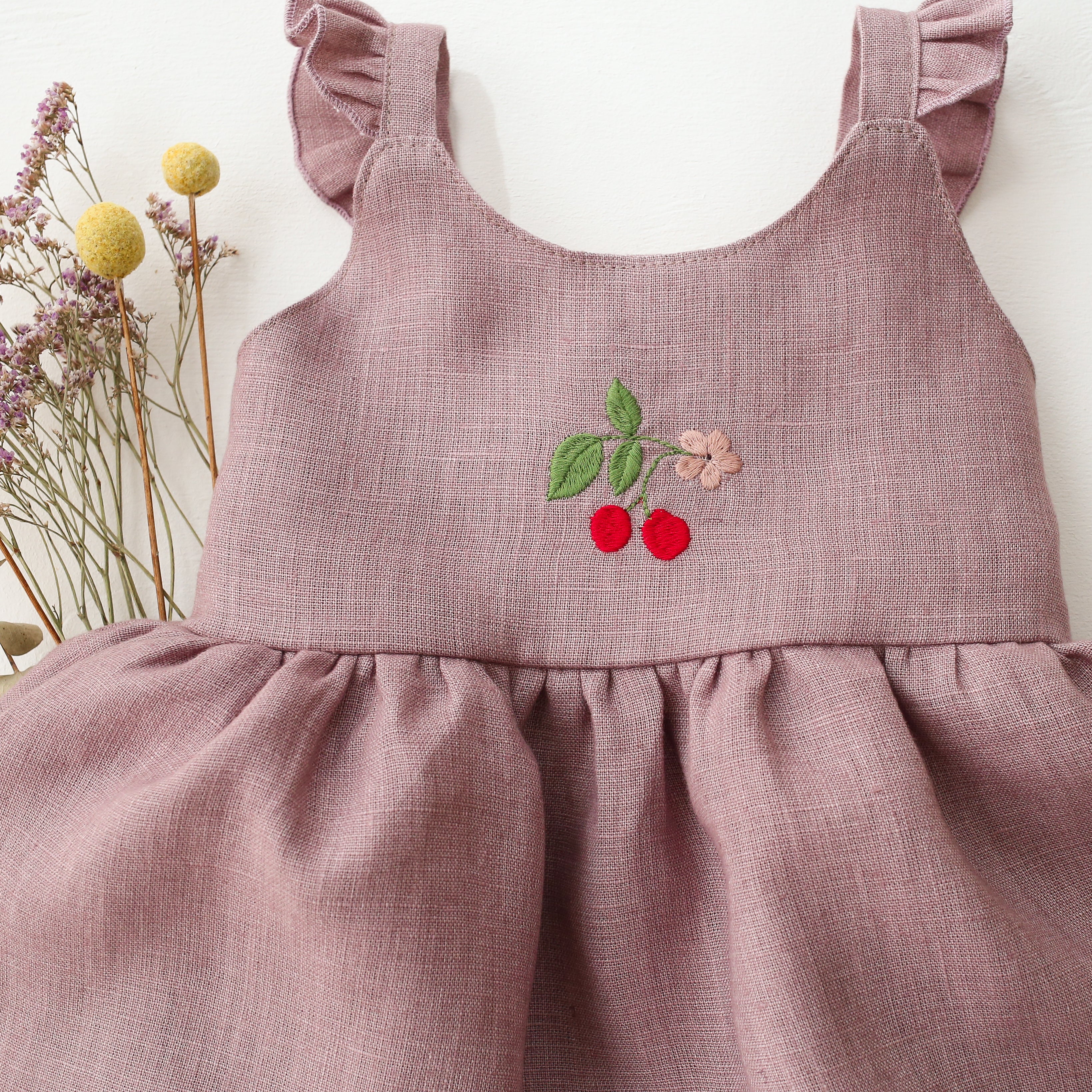 Pale Lilac Linen Flutter Sleeve Bubble Playsuit with Skirt with "Cherry" Embroidery