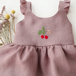 Pale Lilac Linen Flutter Sleeve Bubble Playsuit with Skirt with "Cherry" Embroidery
