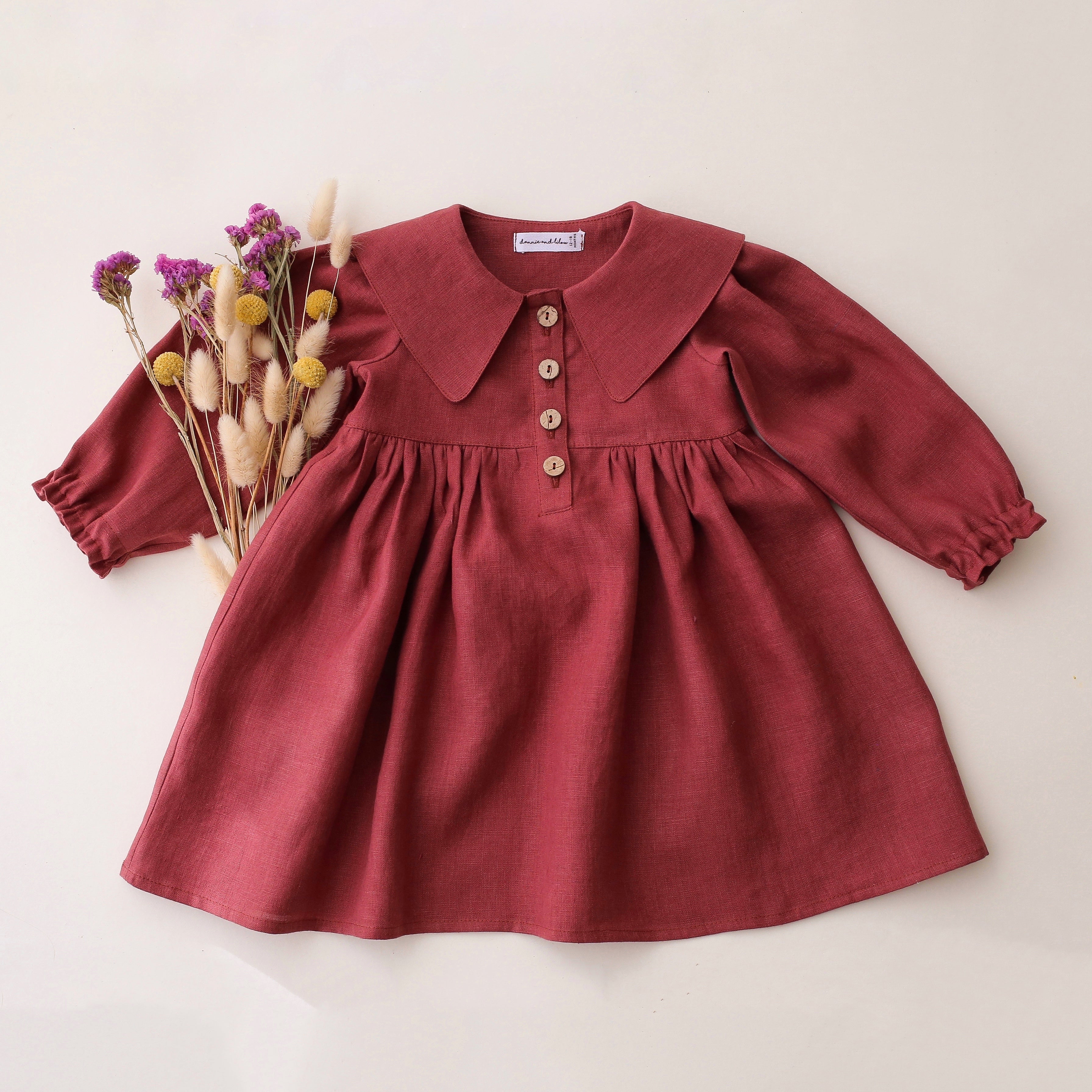 Rosewood Linen Long Sleeve Pointed Collar Dress