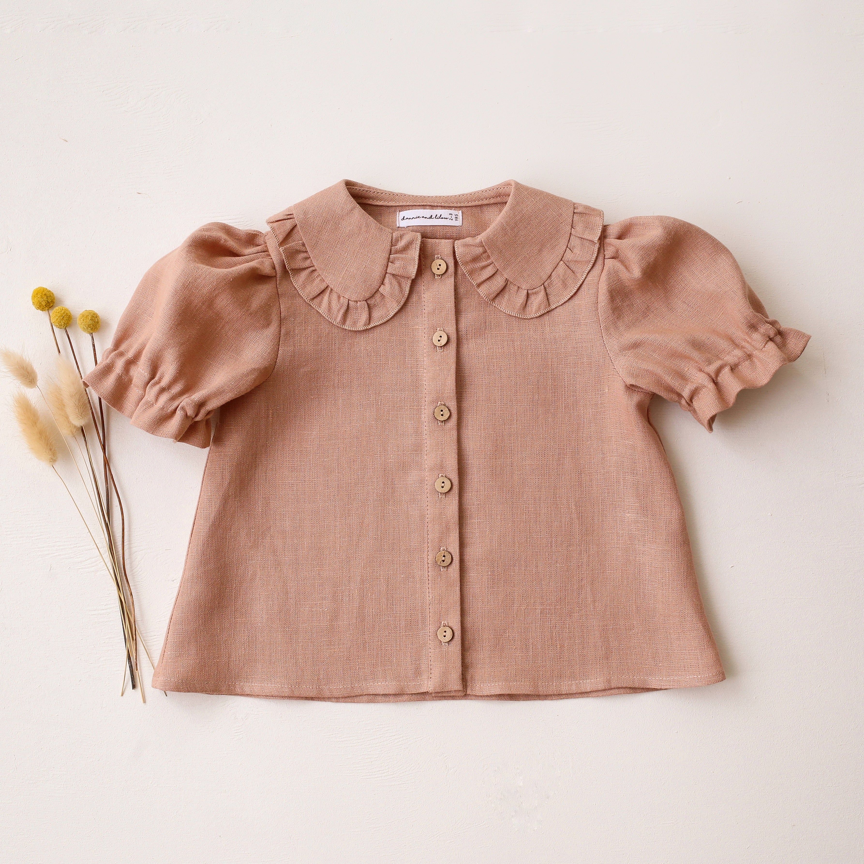 Clay Linen Short Sleeve Frilled Collar Button Front Blouse