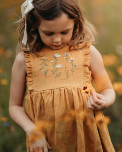 Amber Linen Dress with Ruffled Hem with "Chamomile Flowers" Embroidery