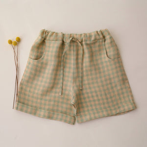 Green Gingham Linen Cuffed Shorts