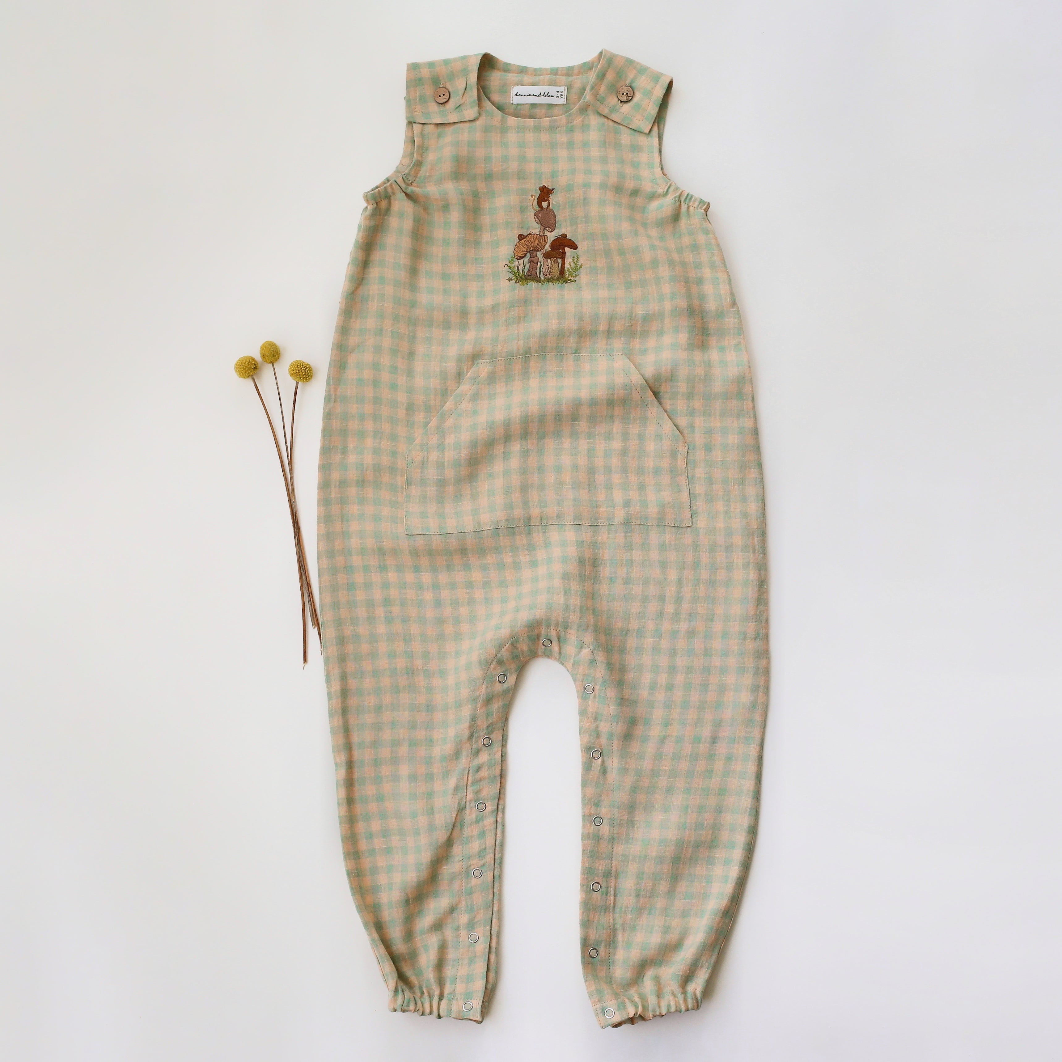 Green Gingham Linen Shoulder Closure Romper with "Mouse and Mushrooms" Embroidery