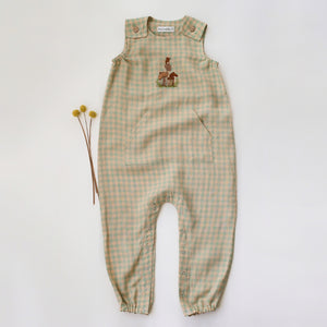 Green Gingham Linen Shoulder Closure Romper with "Mouse and Mushrooms" Embroidery