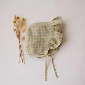 Green Gingham Linen Ruffle Brimmed Bonnet