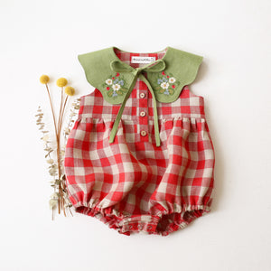 Cherry Check Linen Bubble Playsuit with Petal Collar in Meadow Green Linen with "Strawberry Bouquet" Embroidery