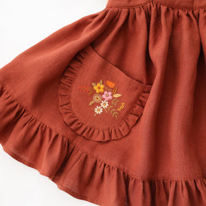 Rust Linen Straps Pinafore with Frills with “Autumn Flowers” Embroidery