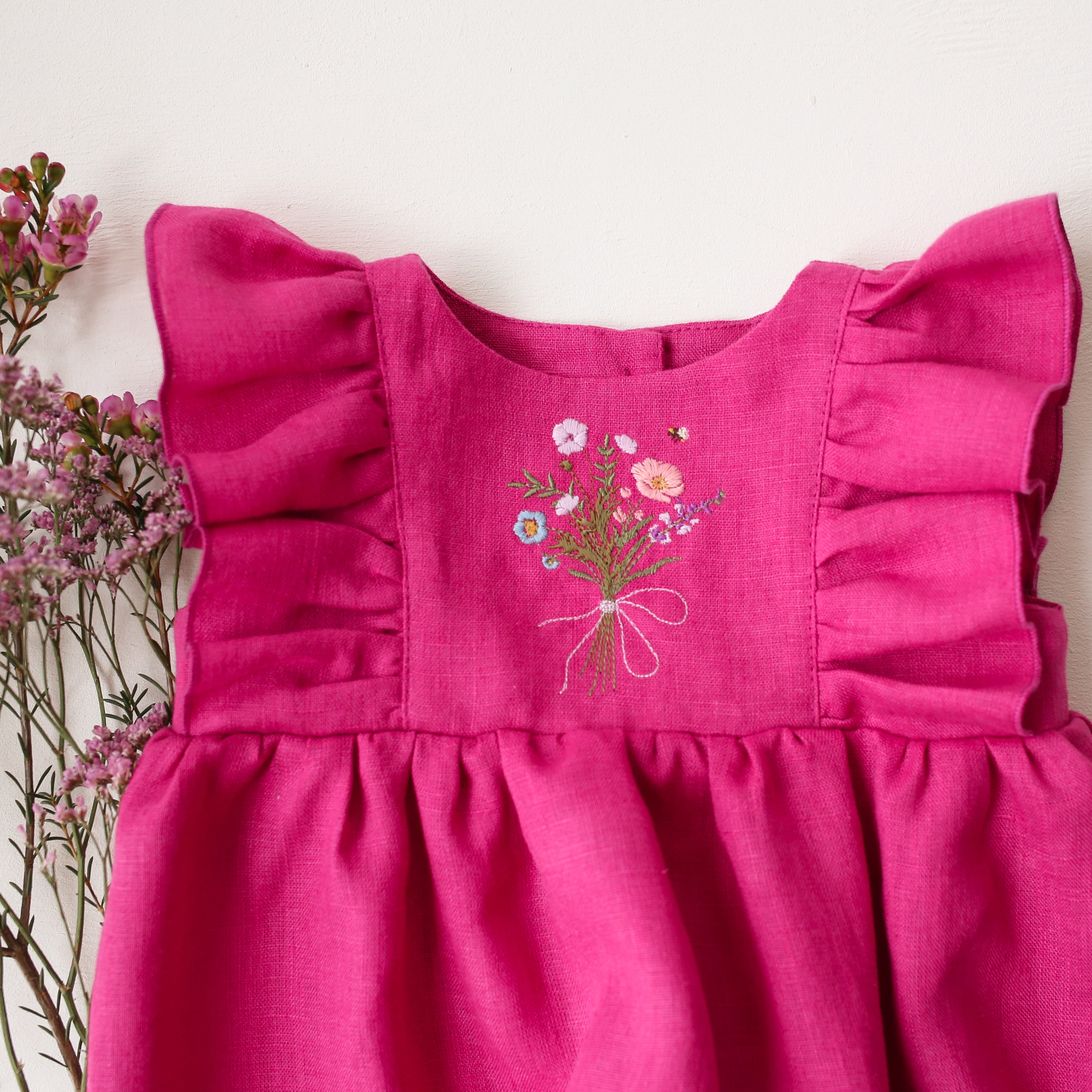 Raspberry Linen Ruffle Bubble Playsuit with "Honeybee Bouquet" Embroidery