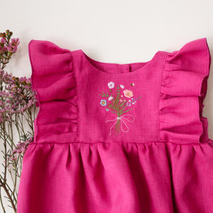 Raspberry Linen Ruffle Bubble Playsuit with "Honeybee Bouquet" Embroidery