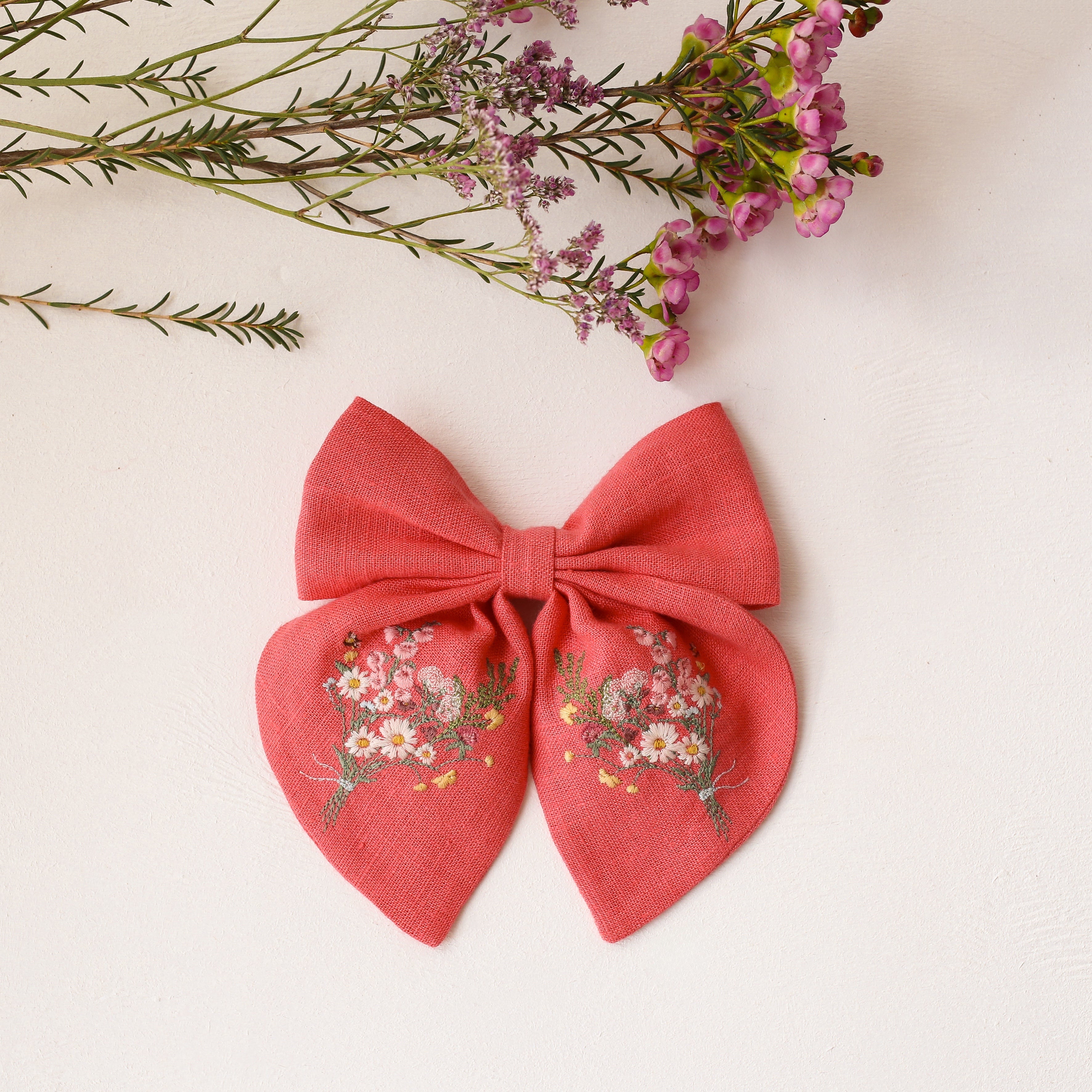 Embroidered Hair Bow with "Enchanted Bouquet" Embroidery in Coral Linen