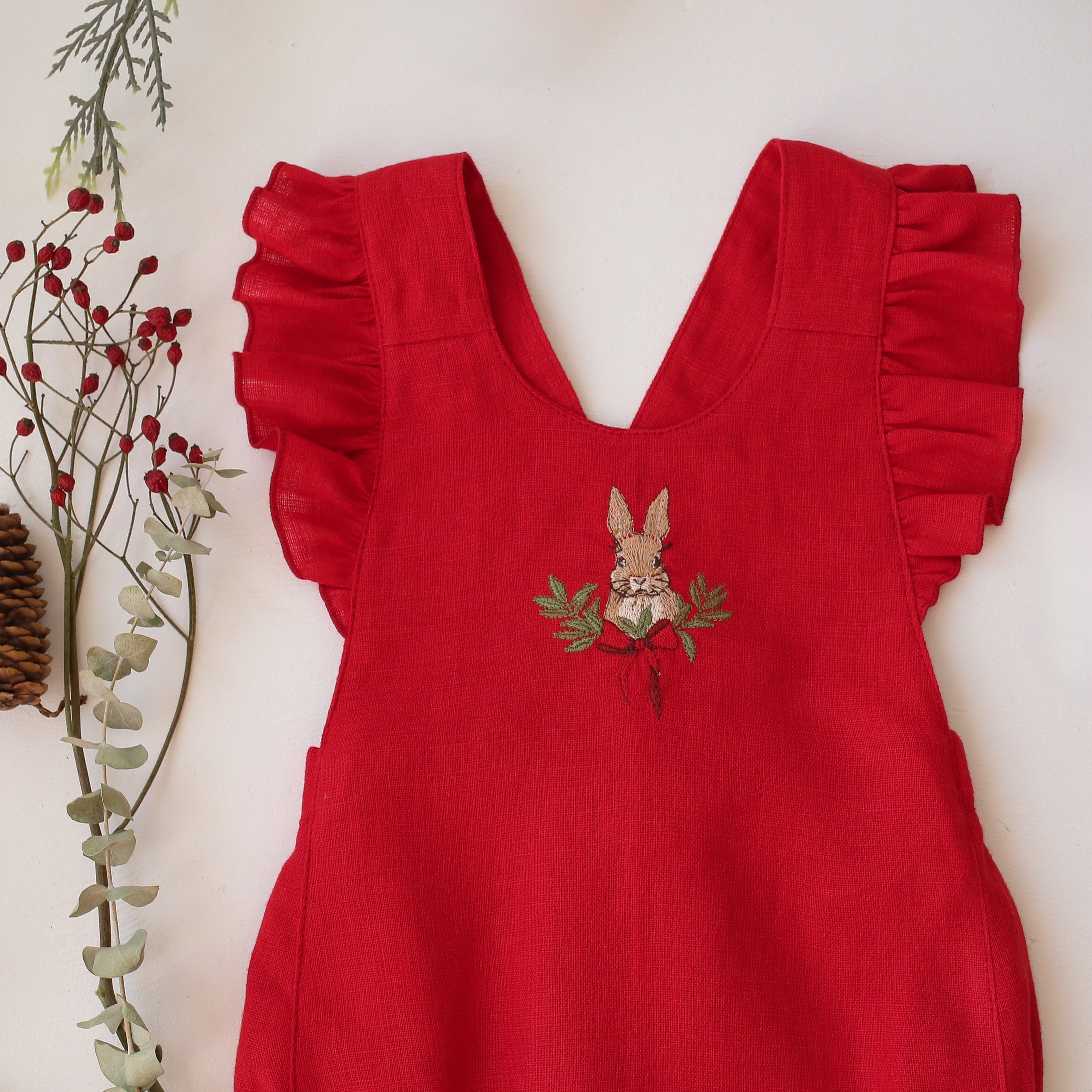 Scarlet Red Linen Ruffle Straps Romper with “Christmas Bunny” Embroidery