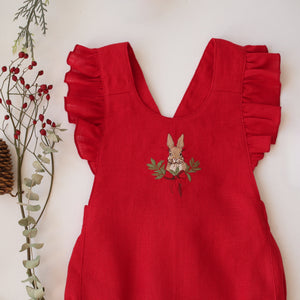 Scarlet Red Linen Ruffle Straps Romper with “Christmas Bunny” Embroidery