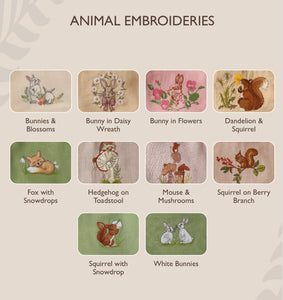 Butternut Check Linen Flutter Straps Romper with “Fox with Snowdrops” Embroidery
