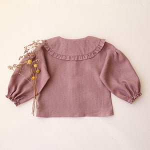 Pale Lilac Linen Frilled Collar Bubble Sleeve Blouse with "Autumn Bouquet" Embroidery