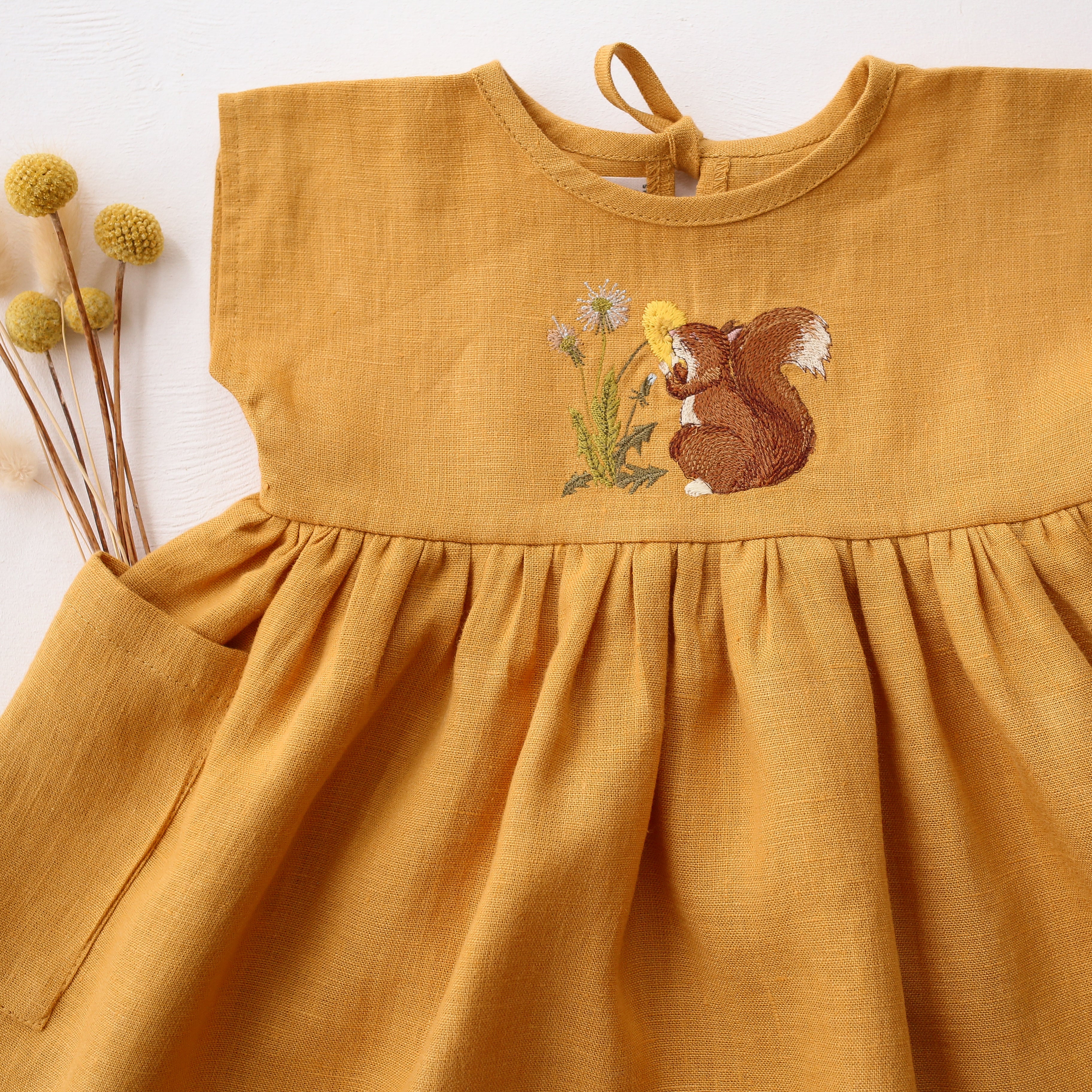 Amber Linen Dolman Style Dress with “Dandelion & Squirrel” Embroidery