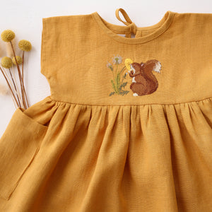 Amber Linen Dolman Style Dress with “Dandelion & Squirrel” Embroidery