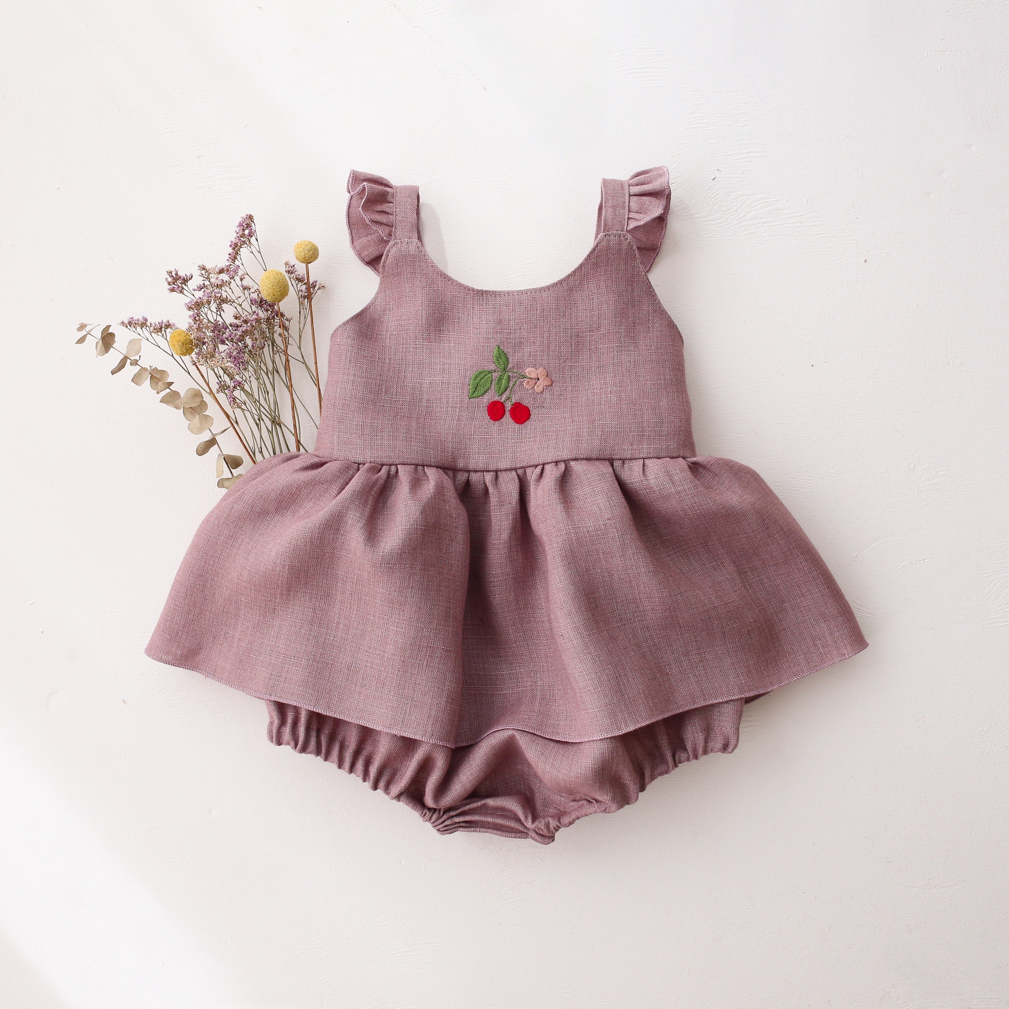 Pale Lilac Linen Flutter Sleeve Bubble Playsuit with Skirt with "Cherry" Embroidery