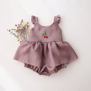 Pale Lilac Linen Flutter Sleeve Bubble Playsuit with Skirt with "Cherry" Embroidery