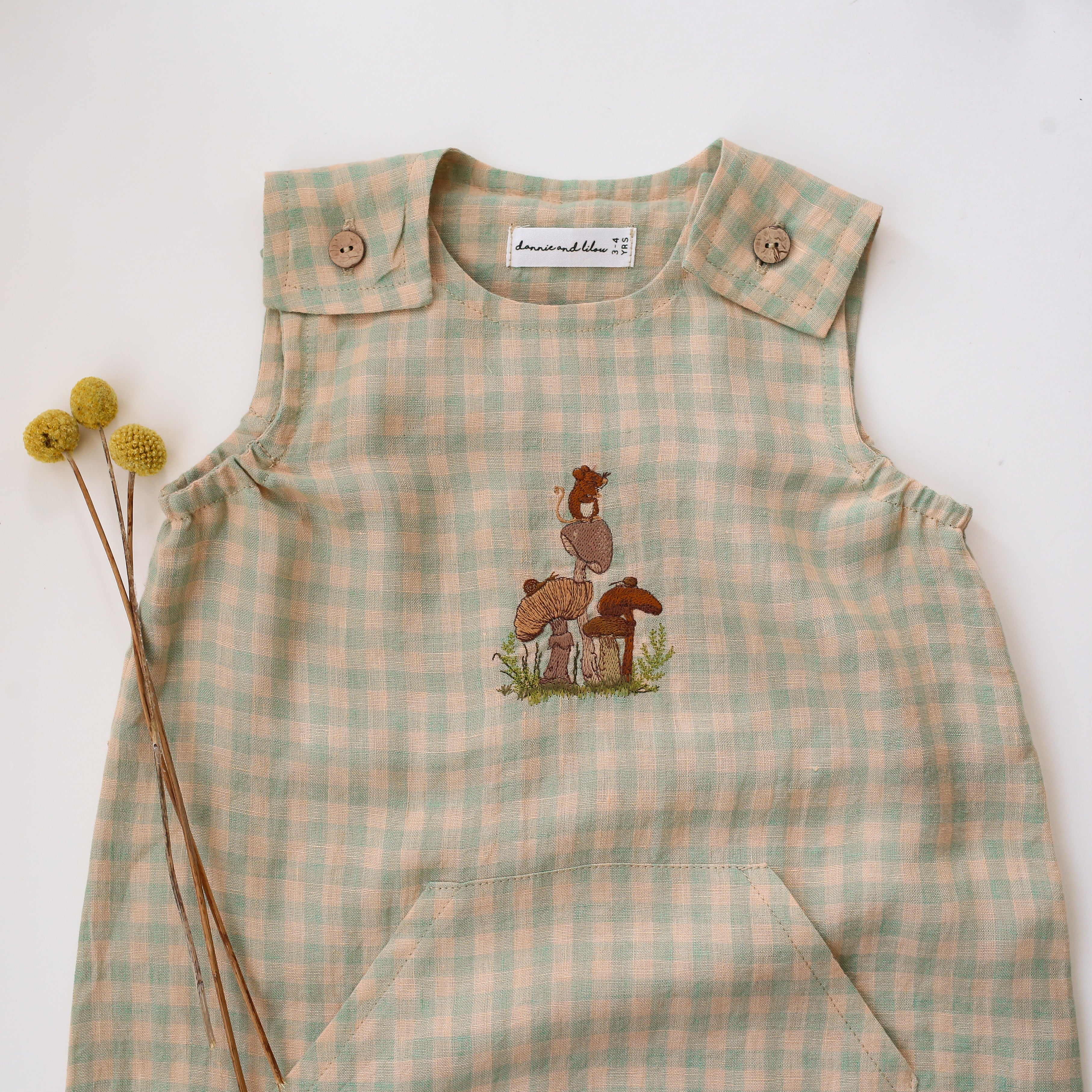 Green Gingham Linen Shoulder Closure Romper with "Mouse and Mushrooms" Embroidery