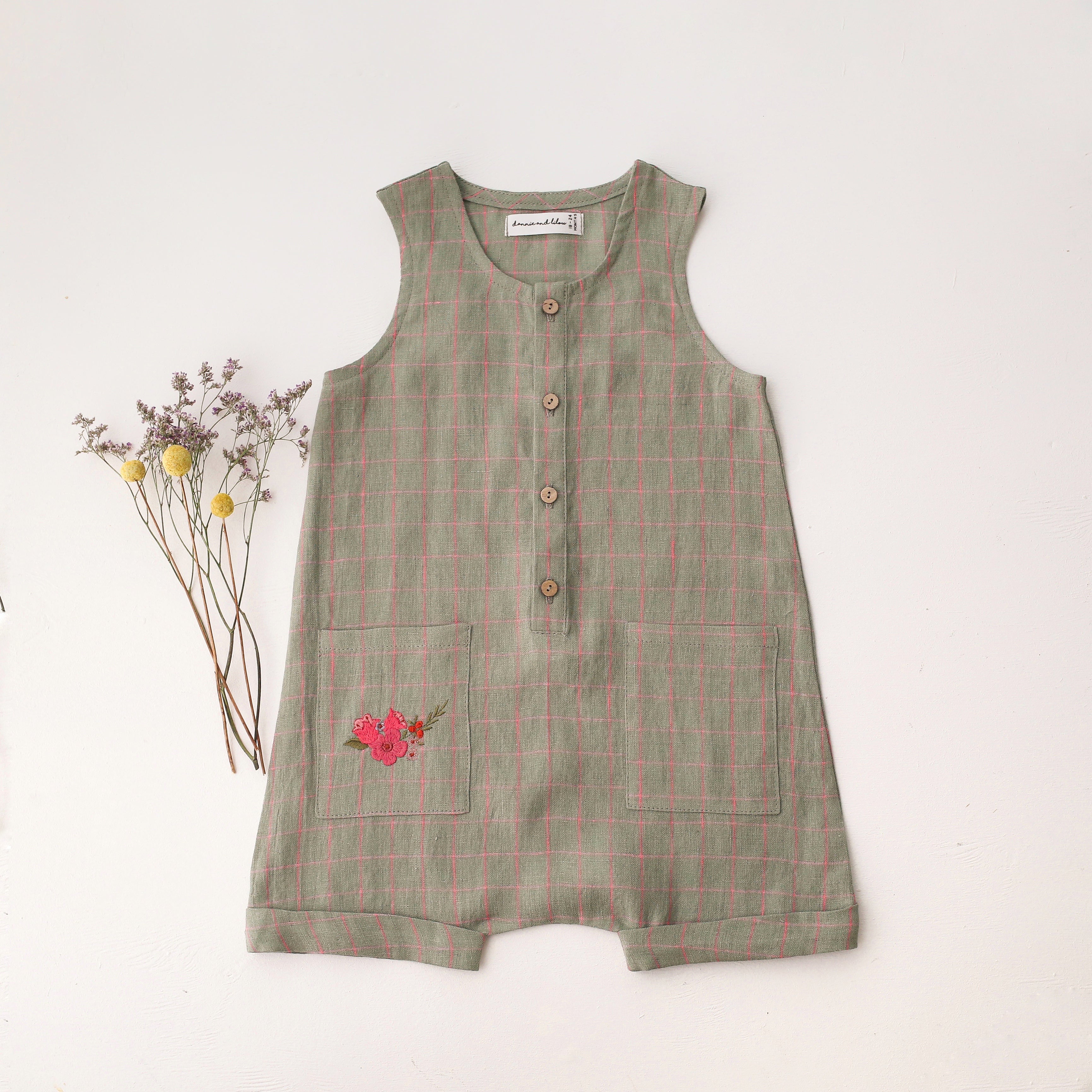 Mint & Pink Check Linen Short Legs Tank Jumpsuit with “Mini Flowers” Embroidery