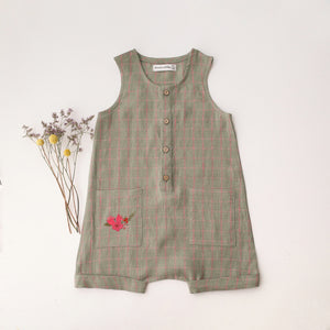 Mint & Pink Check Linen Short Legs Tank Jumpsuit with “Mini Flowers” Embroidery