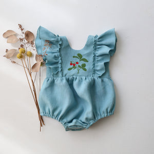 Duck Egg Blue Linen Ruffled Front Bubble Playsuit with “Wild Strawberry” Embroidery