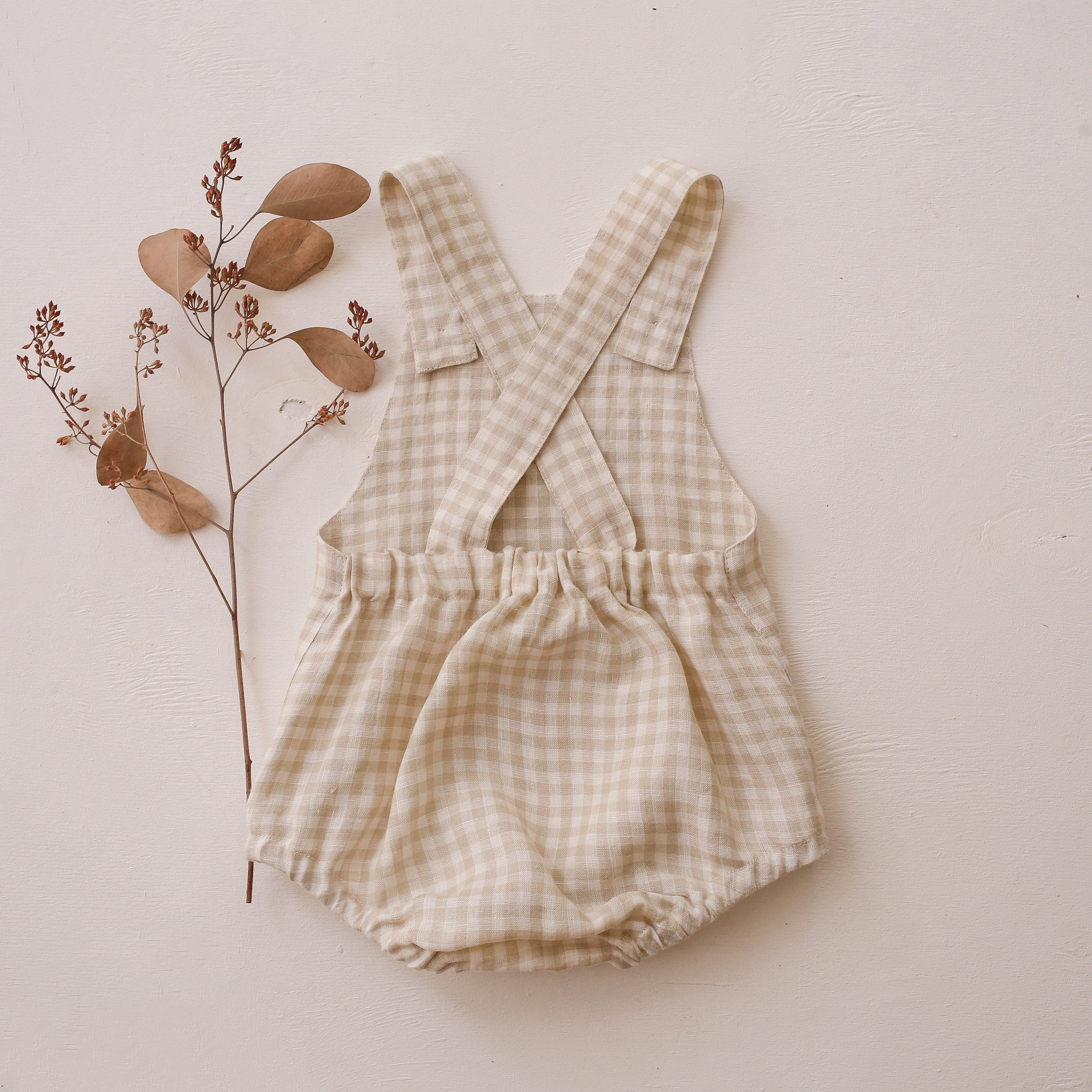 Beige Gingham Linen Front Pocket Straps Romper with "Wild Strawberry" Embroidery