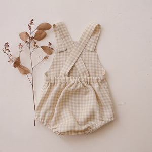 Beige Gingham Linen Front Pocket Straps Romper with "Wild Strawberry" Embroidery