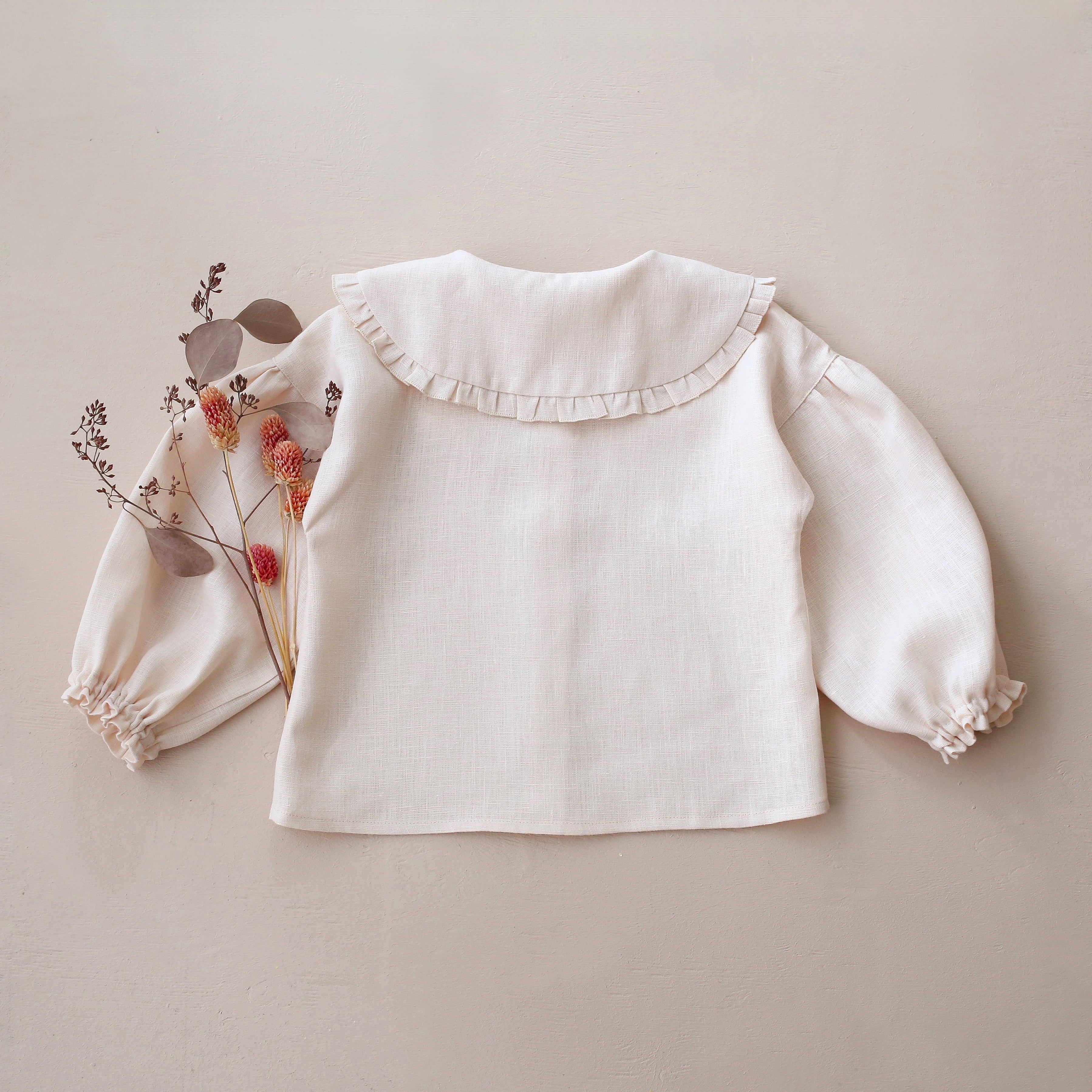 Ivory Linen Frilled Collar Bubble Sleeve Blouse with "Tiny Blossom" Embroidery