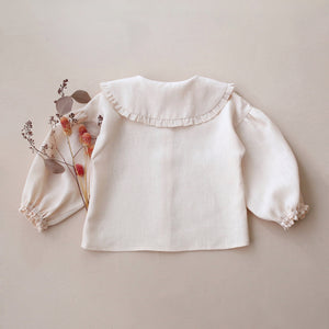 Ivory Linen Frilled Collar Bubble Sleeve Blouse with "Tiny Blossom" Embroidery